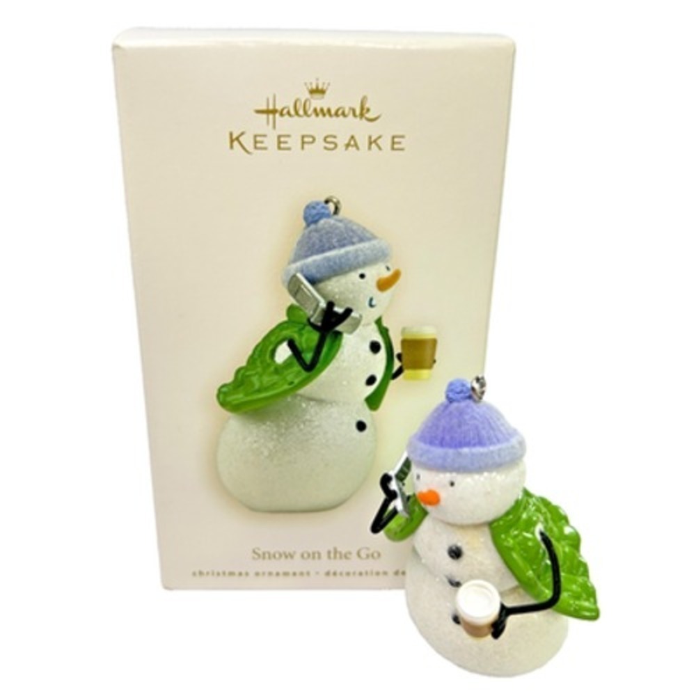 Hallmark SNOW ON THE GO 2008 Keepsake Ornament Snowman with Coffee &‎ Phone Box